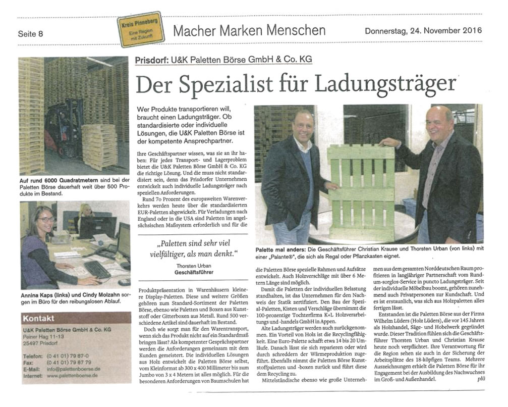 Presse: Der Spezialist für Ladungsträger, erschienen in "Macher Marken Menschen"